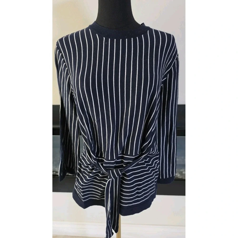 Brooks Brothers Navy Pinstripe Sweater Belted Preppy Old Money Supima Cotton‎ M